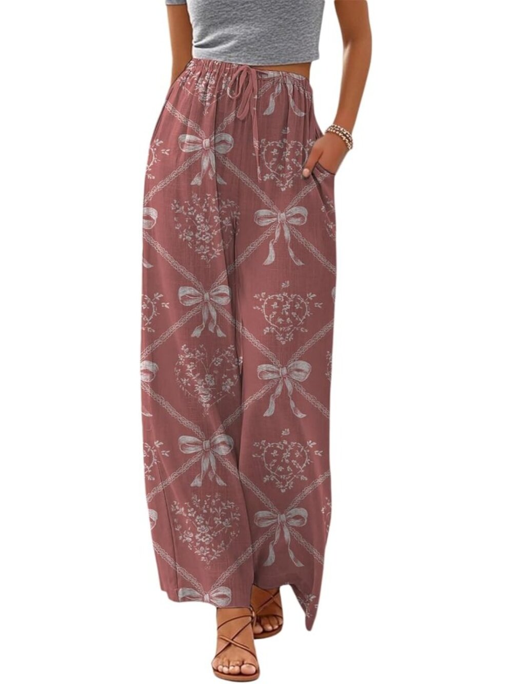 〽️Women's Wide Leg Pants Pink Polyester Drawstring Summer comfortable Drawstring
